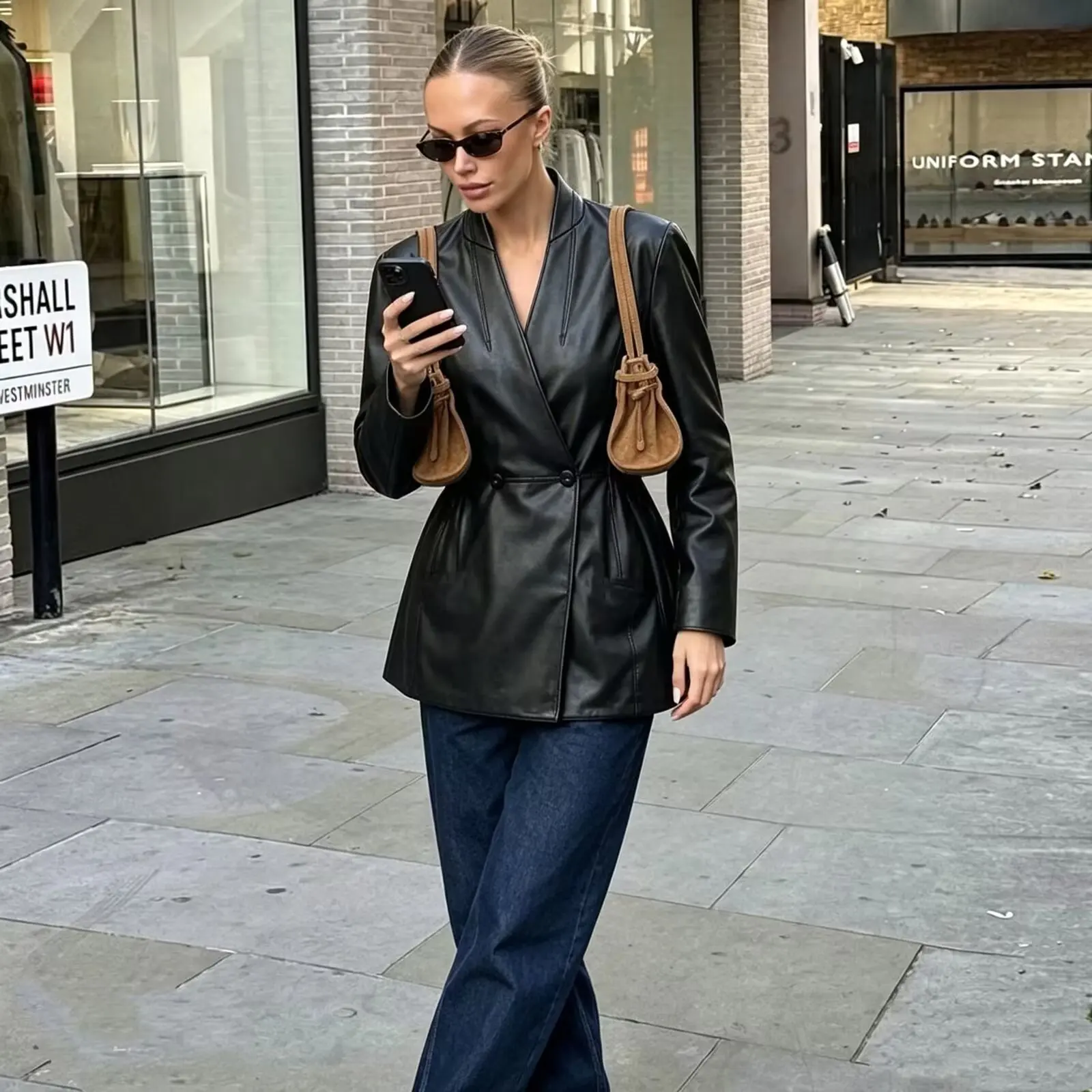 Guobioziy Women's Jacket 2026 Autumn  Faux Leather Long Sleeve Double-Breasted Waist-Cinching Elegant Fashion Women's Jacket