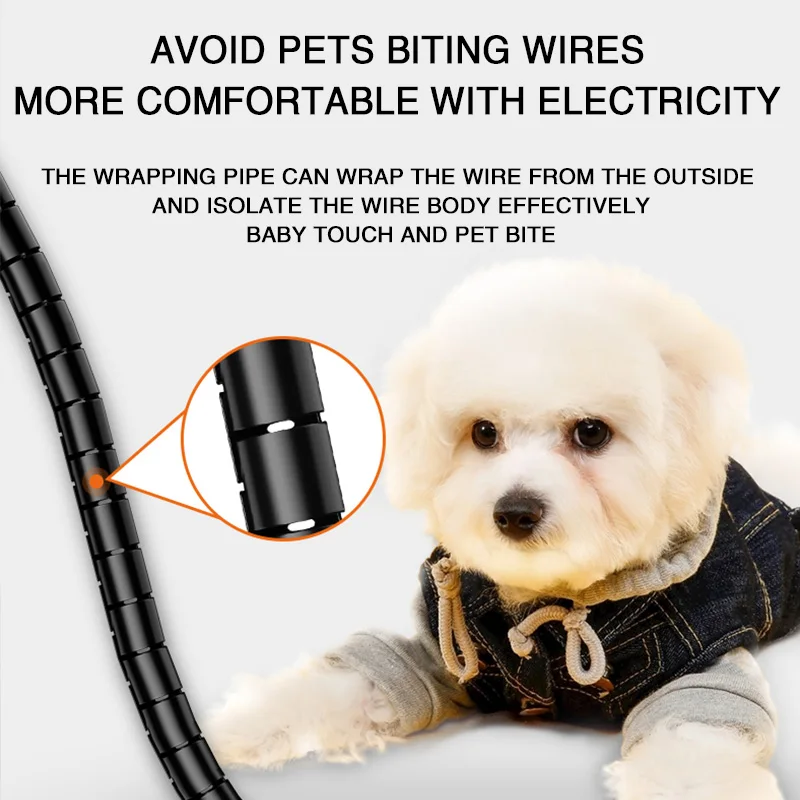 Flexible black coiled cable wire protector sleeve cover for office use managing 3M long power cords and wire organization pipe