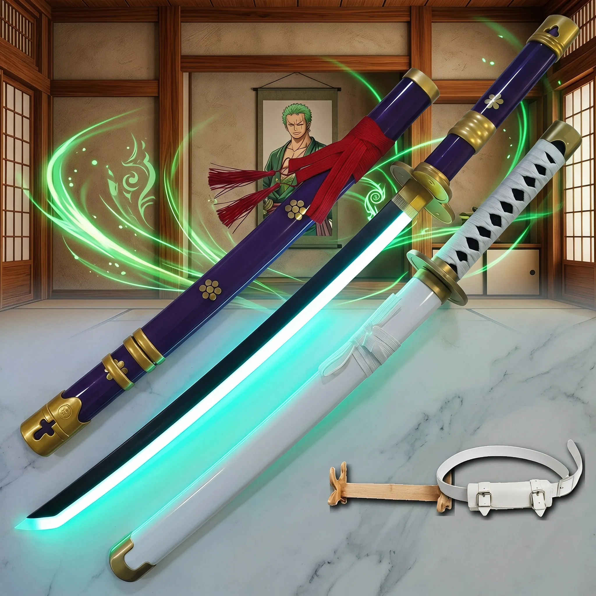 31 Inch One Piece Zoro LED Katana Sword Sabre Blade Ninja Knife Schwert Stand Belt Safe Unsharpened Cosplay Display Photo Prop