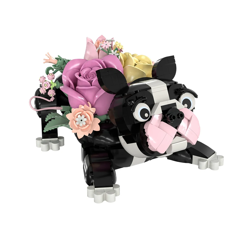 

MOC French Bulldog Flower Building Blocks Black and White Frenchie with Preserved Floral Pet Decor Bricks Toy Adult Gift