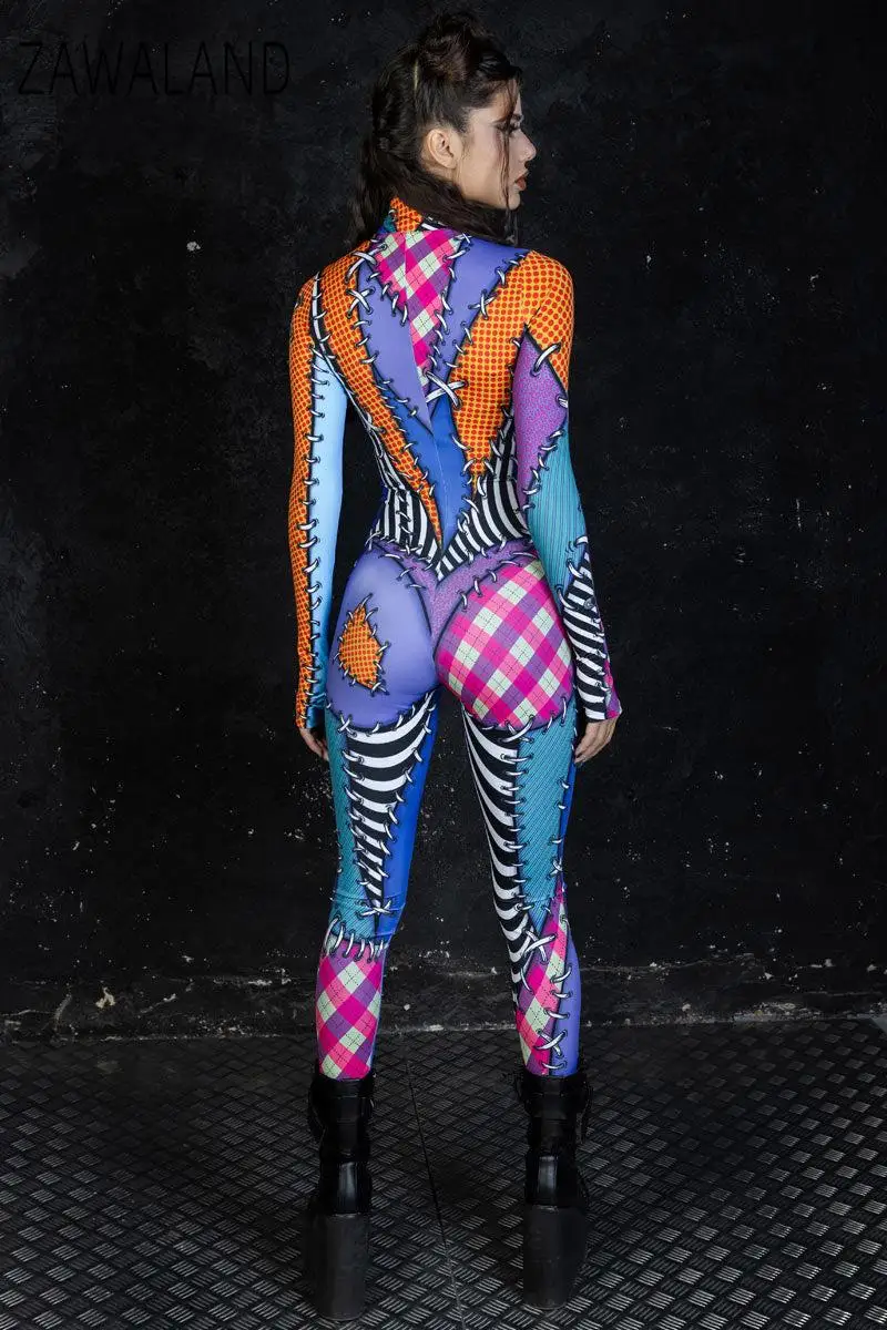 Zawaland Women Sexy Zentai Jumpsuits Skinny Leggings Catsuit Halloween Rag Doll Party Stage Performance Clown Cosplay Costume