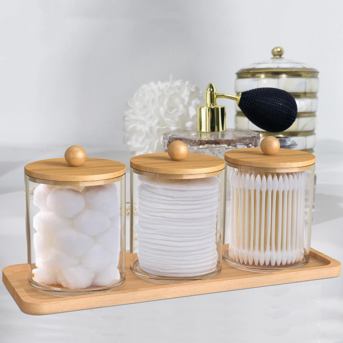 3/4Pcs Bathroom Organizer Set Qtip Holder Dispenser with Bamboo Lids Clear Acrylic Storage Box for Cotton Ball/Swabs Storage NEW