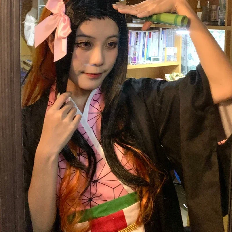 Anime Kamado Nezuko przebranie na karnawał Demon zabójca Kimetsu No Yaiba kostiumy Kimono Haori peruka drewniaki garnitur dla dorosłych dzieci Hallow