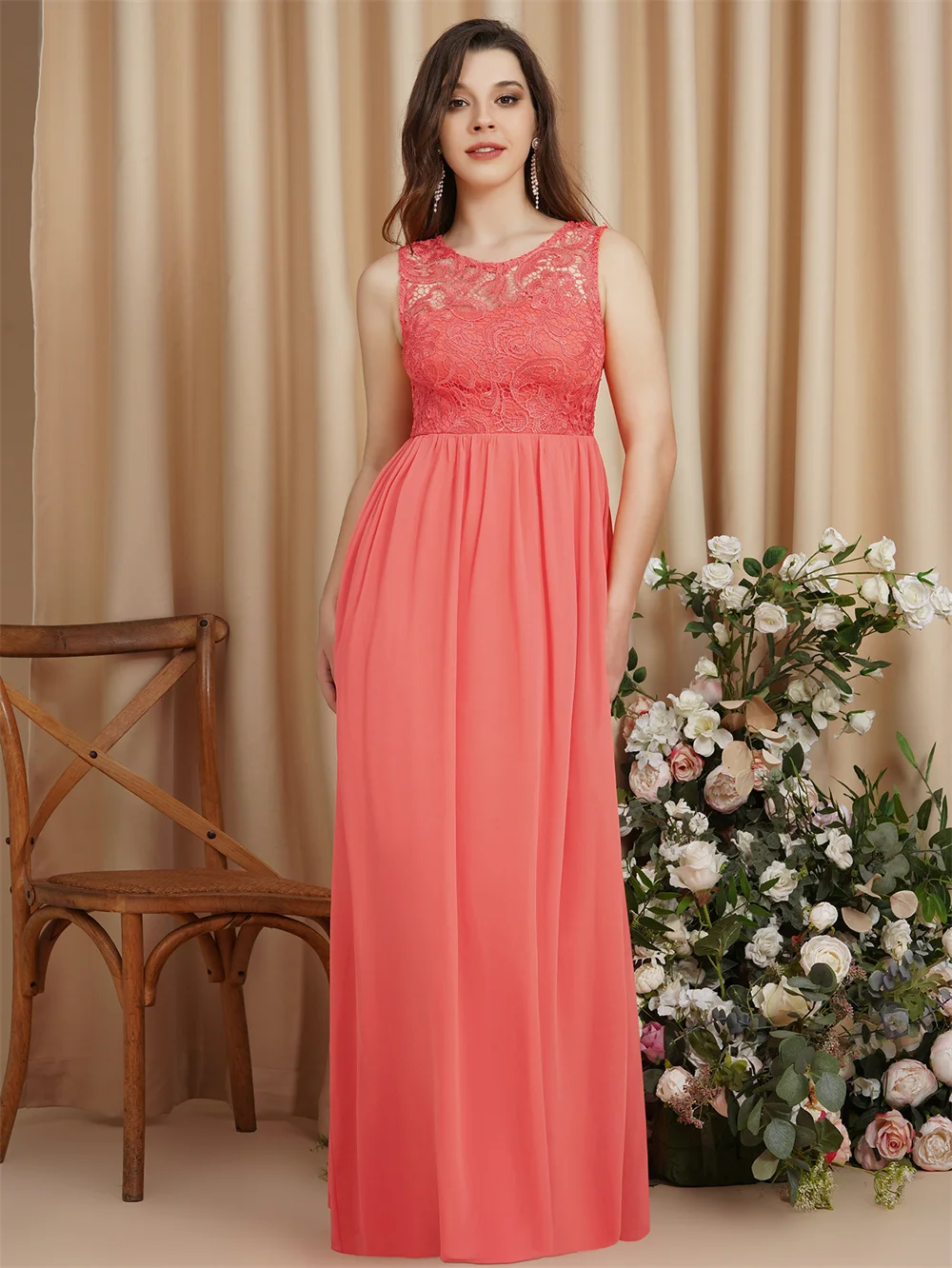 O Neck Lace Chiffon Long Bridesmaid Dresses For Women Wedding Sleeveless A Line Evening Party Prom Gowns Summer Beach Vestidos