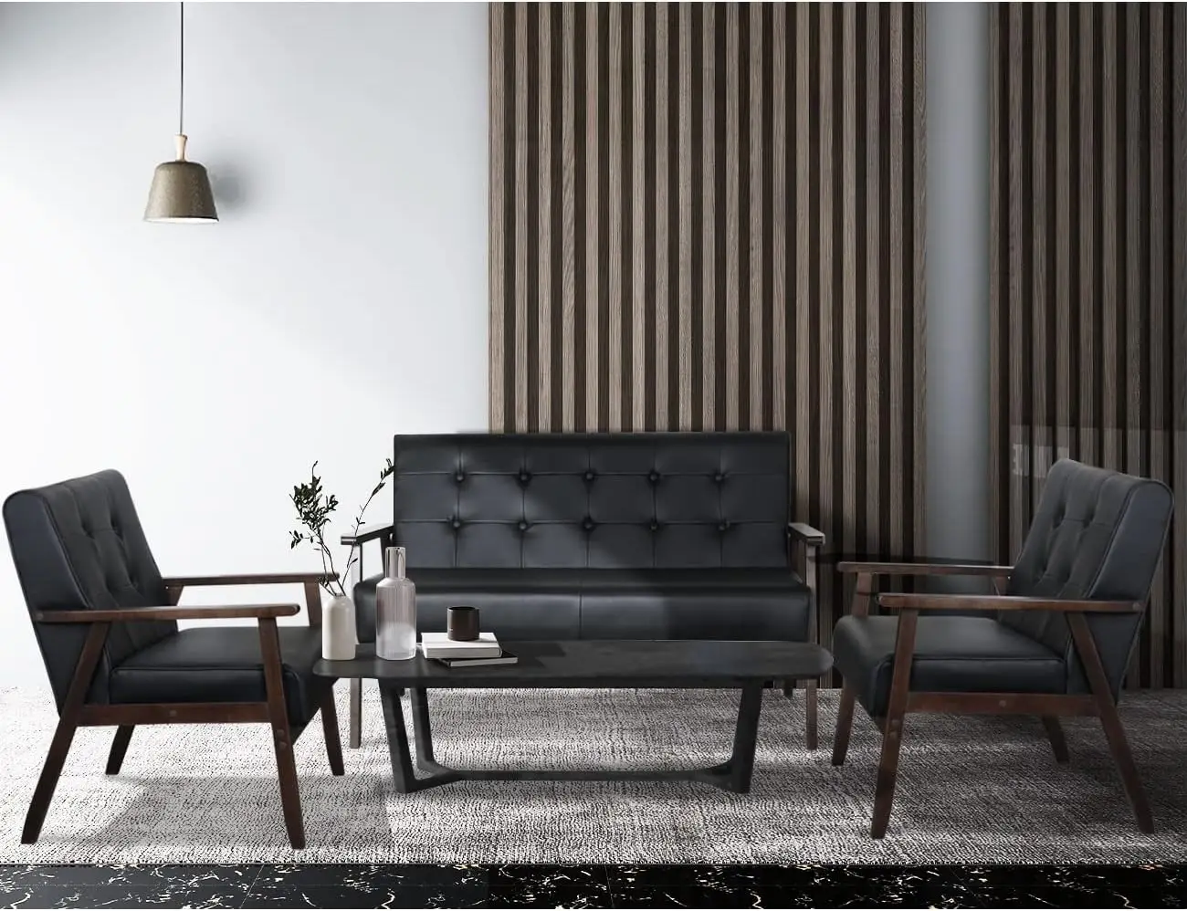 

Leather Sofa Couch Set 2 Accent Chairs & 1Loveseat Black Faux Leather Loveseats Century Modern Office Couch for Small