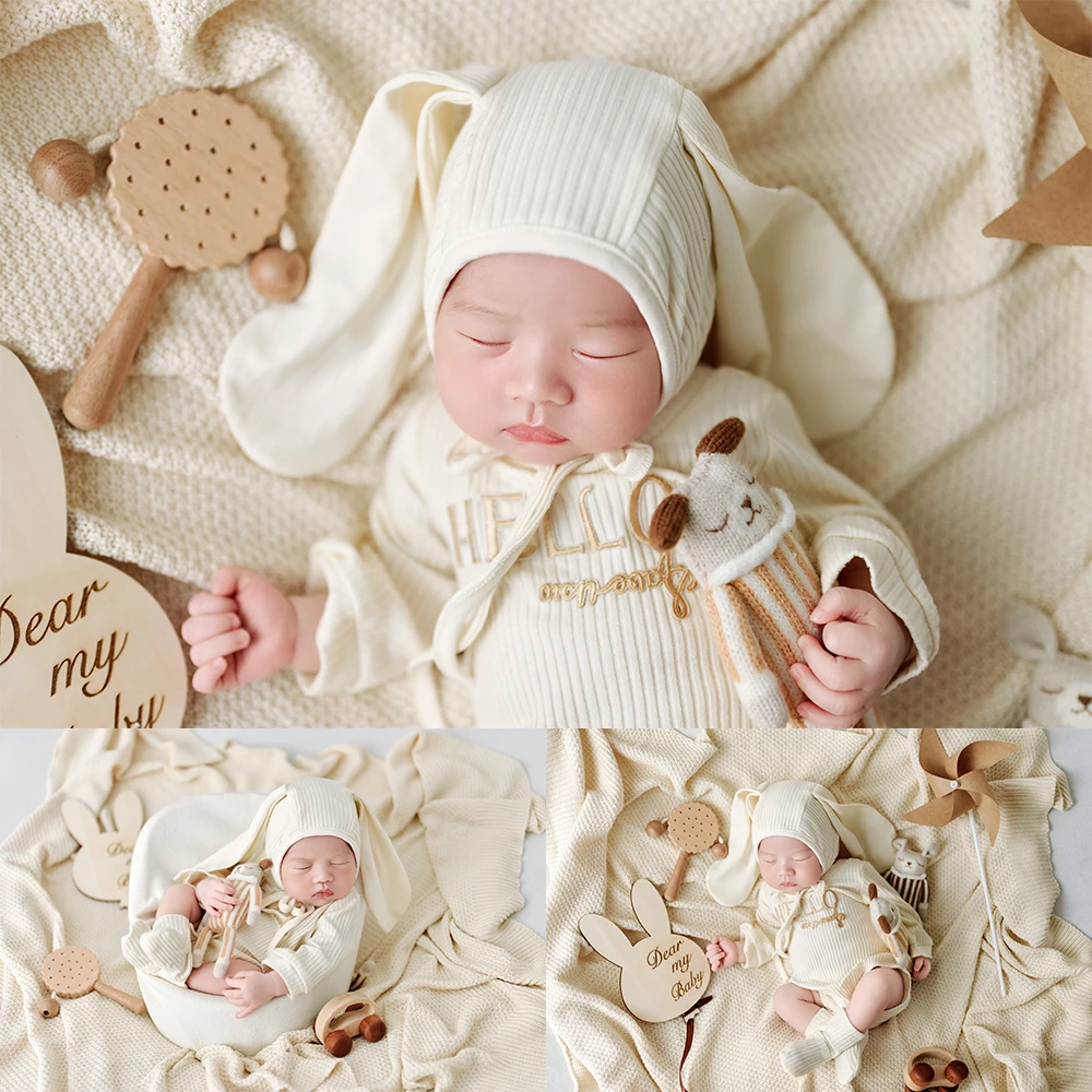 

Newborn Photography Props Cotton Baby Costume+Bunny Hat Dolls Minimalist Theme Photo Studio Infant 1 Month Milestone Shoot Props
