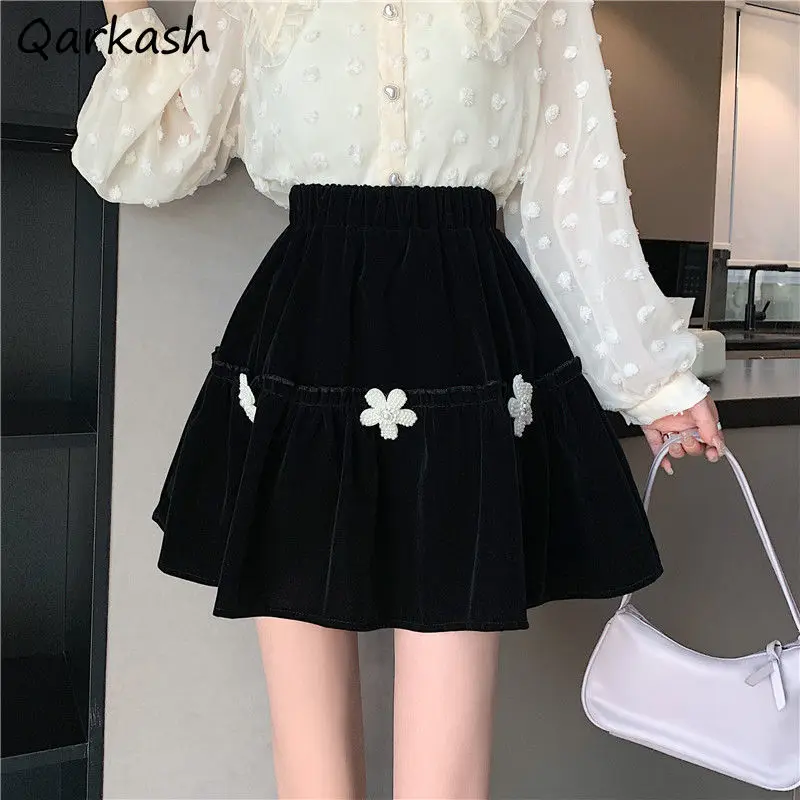 

Black Pleuche Skirts Women Autumn Winter Elastic Waist Flower Nail Beads Pleated A-line Mini Ball Gown Stylish Hotsweet Design