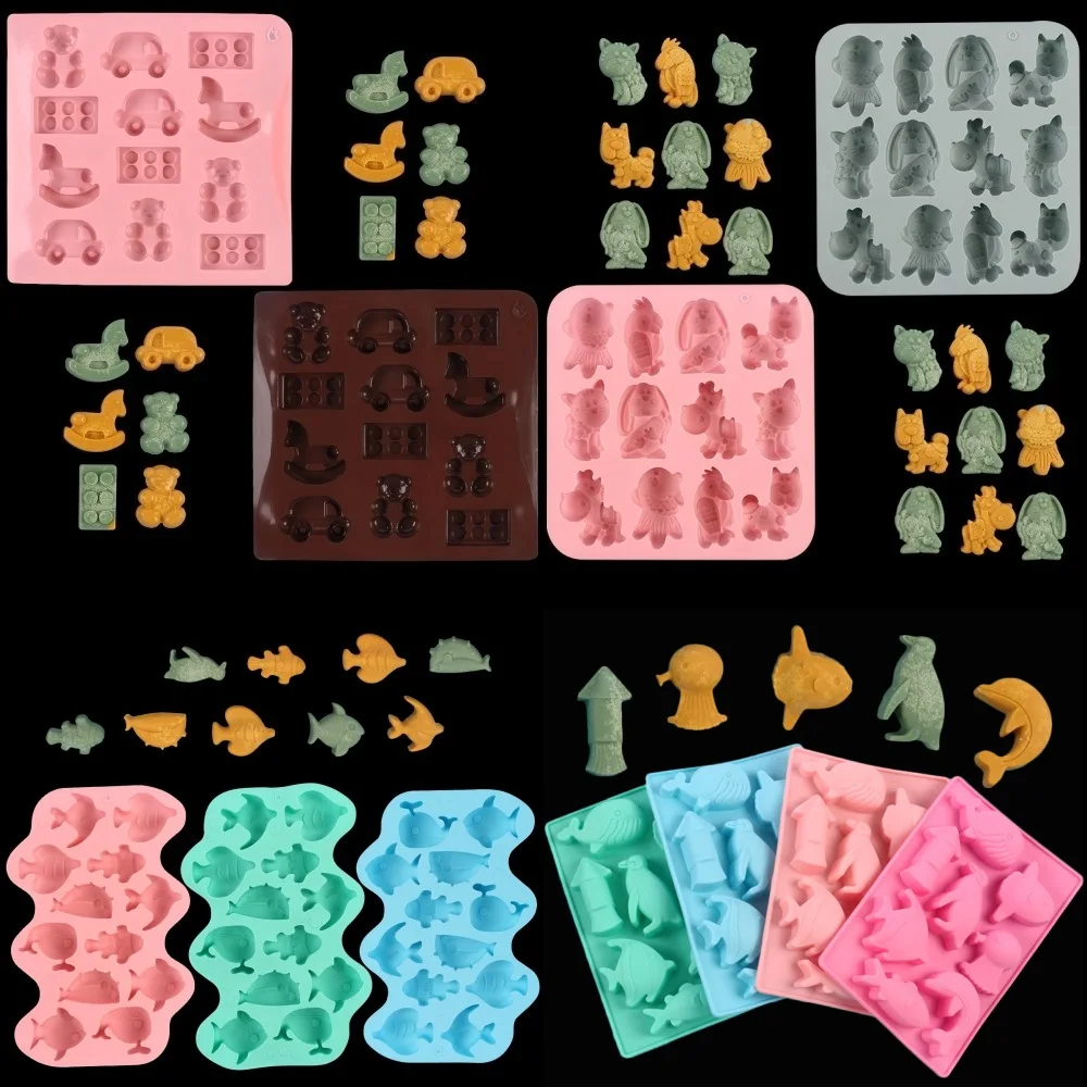 New Mould DIY Multi-Piece Ocean & Land Animal Chocolate Molds 12-Cavity Car Rocking Horse Pudding Jelly Ice Tray Silicone Mold