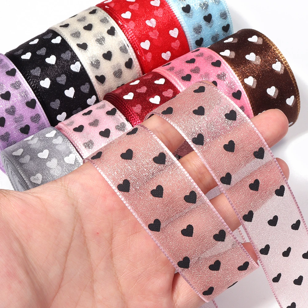 10 Yards 2,5 cm herzbedruckte Chiffonbänder, weiches Netzband für Hochzeitsdekoration, Geschenkverpackung, DIY-Schleifen und Haaraccessoires – Detail 4