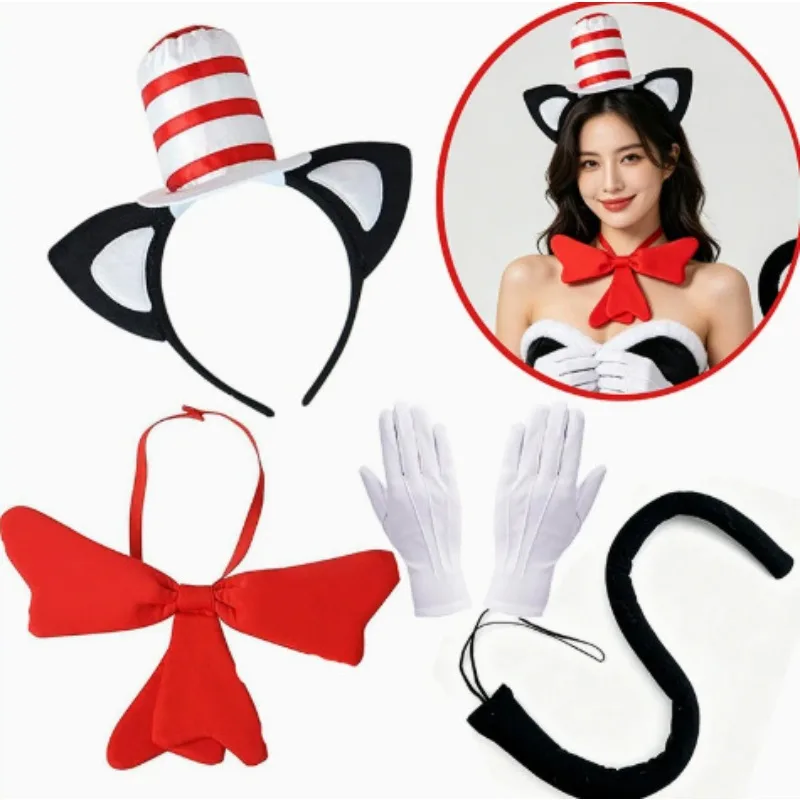 3PCS/4PCS Cat Costume Accessories Set Red White Tall Hat Bow Tie Gloves Set Performance Accessory For Theme Party Dress Up ﻿
