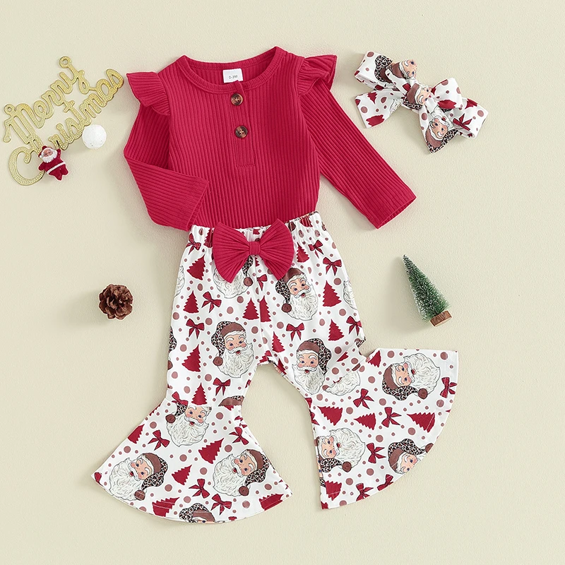 Newborn Baby Girl Christmas Outfits 3 6 12 18 Months Romper Bell-bottoms Headband Infant Girl Clothes Set