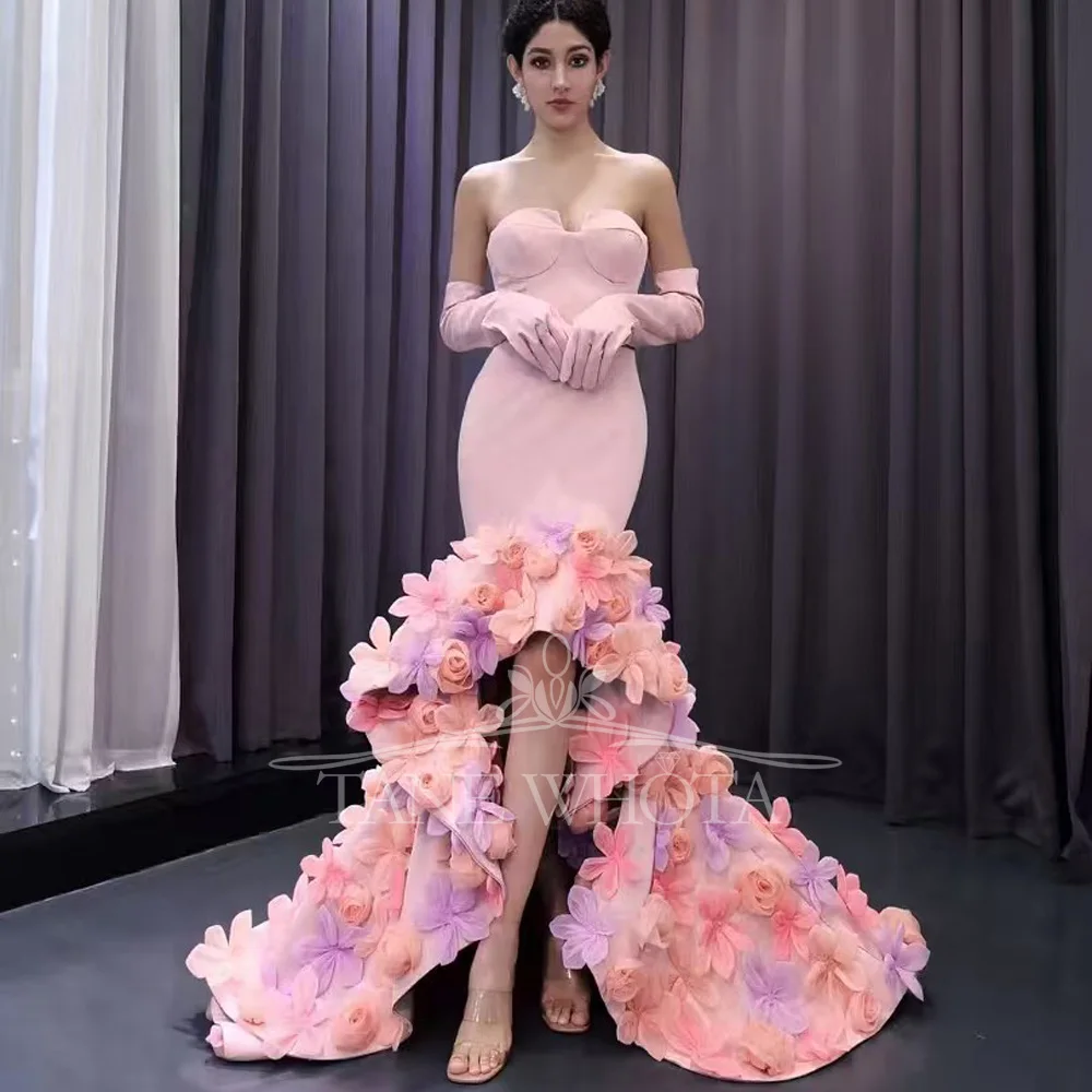 

Pink Evening Dress Sweetheart Lace Up Back 3D Flower Detail Sheath Fit Customizable Gown For Party Wear