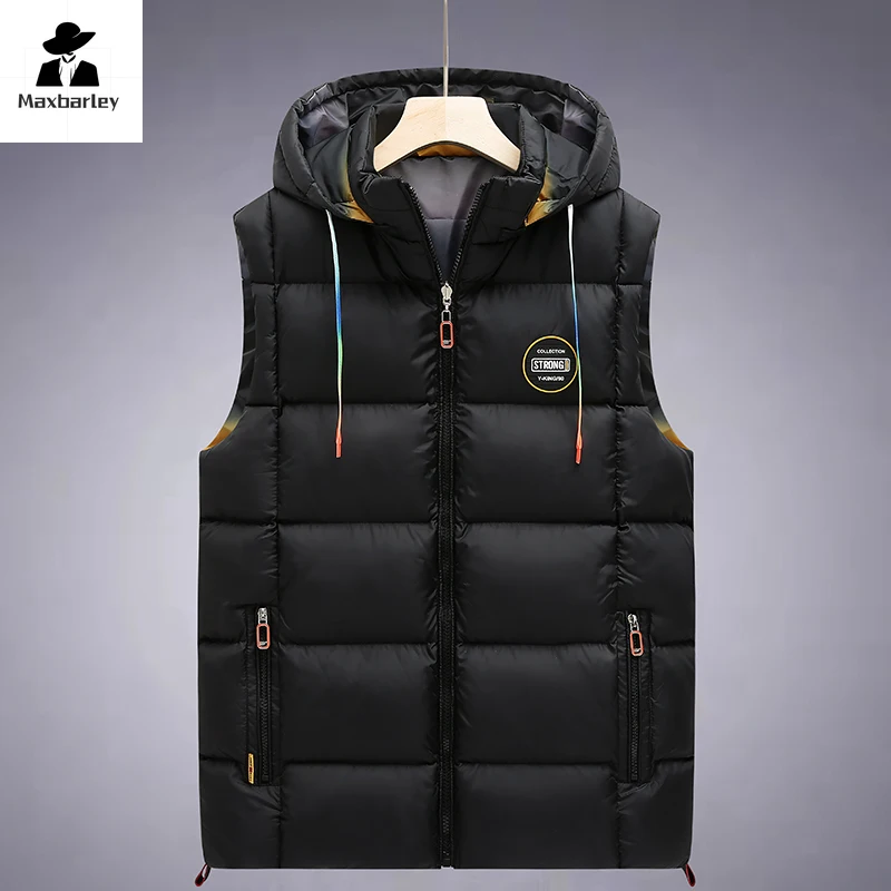 Double-sided Down Cotton Vest Men's Winter Luxury Thick Warm Detachable Hat Jacket Ski Camping Men's Cold-proof Sleeveless Coat