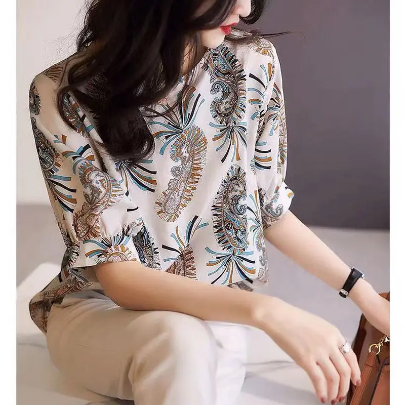 Vintage Printed O-Neck All-match Korean Blouse Women\'s Clothing 2023 Spring New Casual Pullovers Short Sleeve Office Lady Shirt