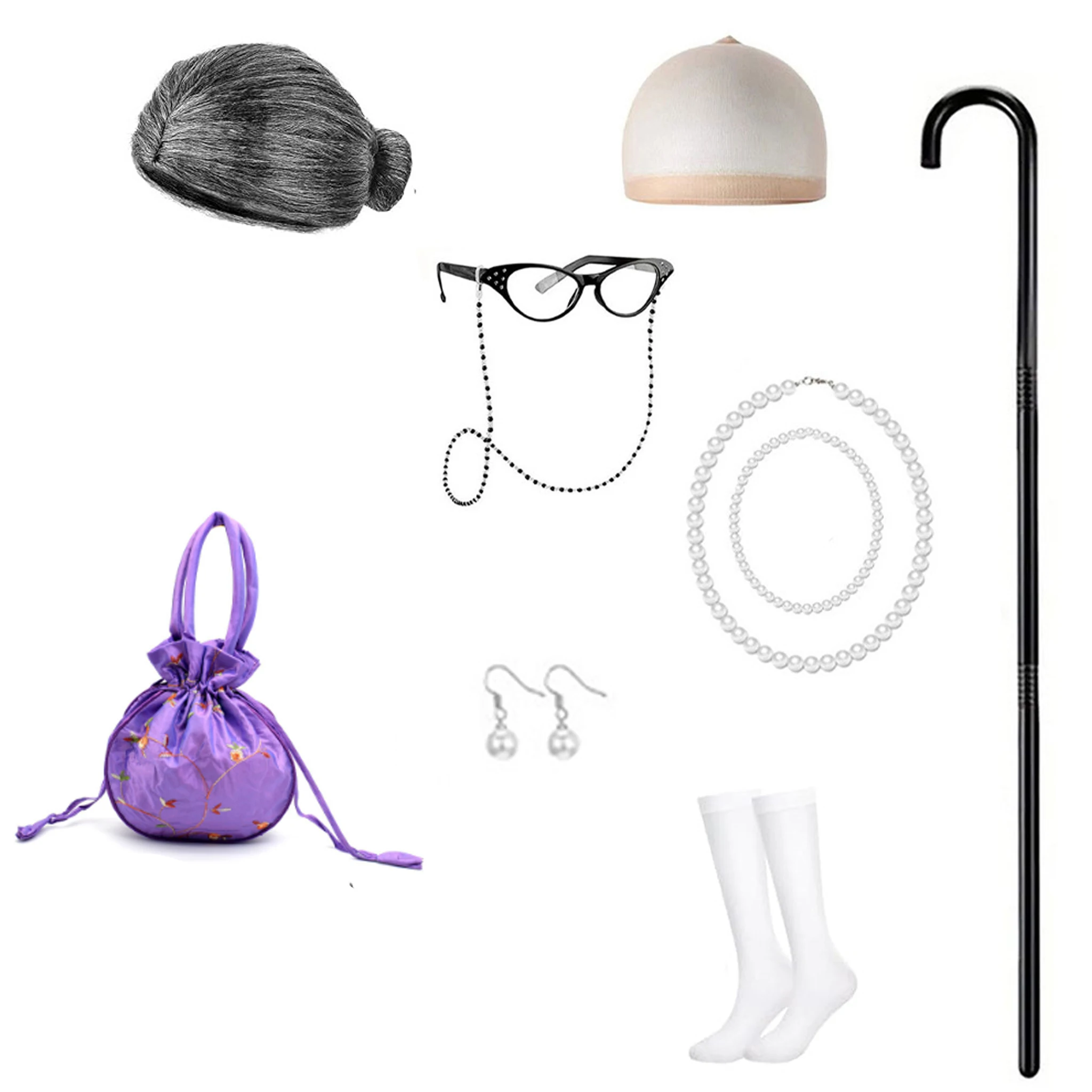 إكسسوارات أزياء السيدة العجوز حقيبة شعر مستعار للجدة للأطفال ملحقات قصب المشي فستان للسيدات والفتيات للفتيات من عمر 3 إلى 10 سنوات #2