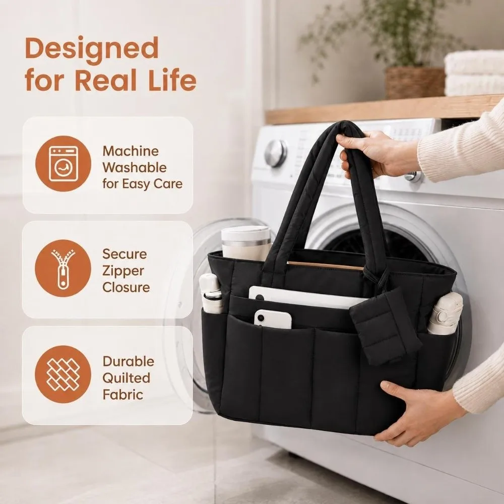 30L Capacity Quilted Tote Bag Laptop Compartment Front Hidden Pocket Business Bag Luggage Sleeve Machine Washable Nurse Tote Bag