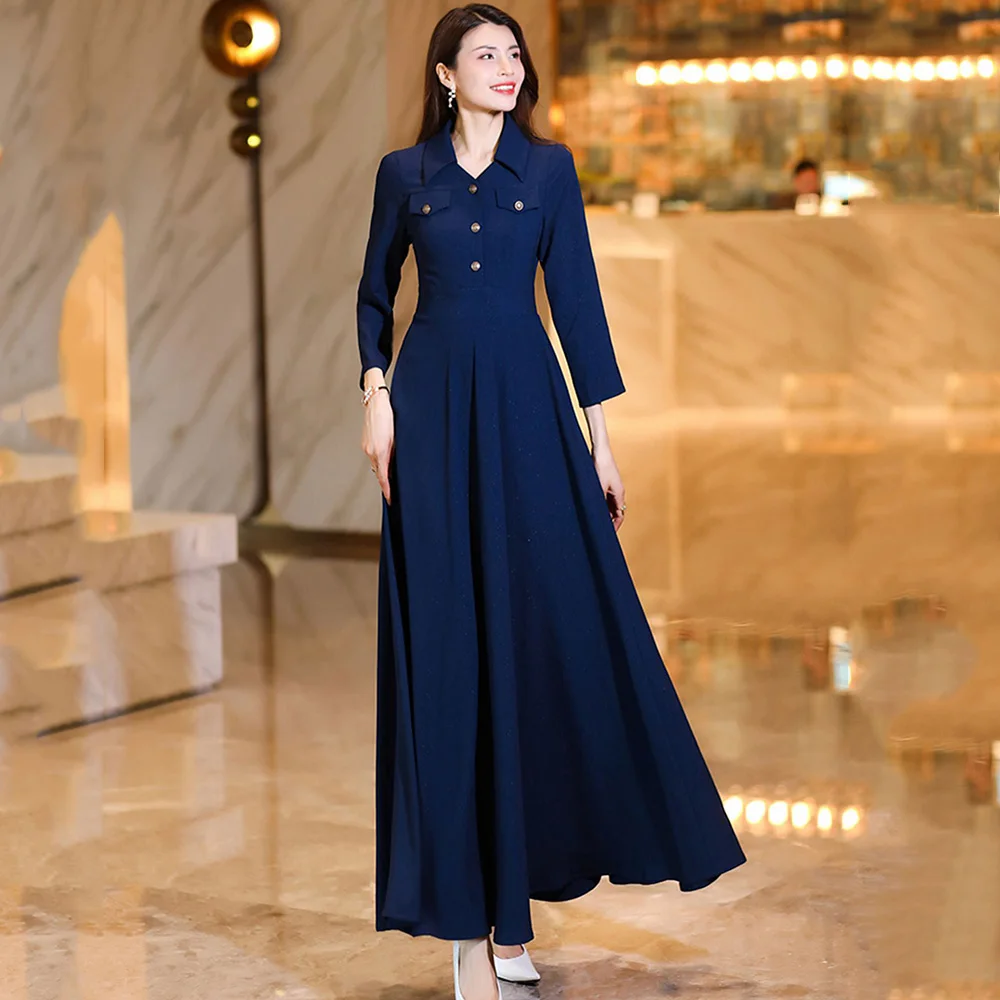 

New Women Spring Autumn Long Sleeve Dress Elegant Fashion Turn-down Collar Overlength Dress Simplicity Long Shirt Dress