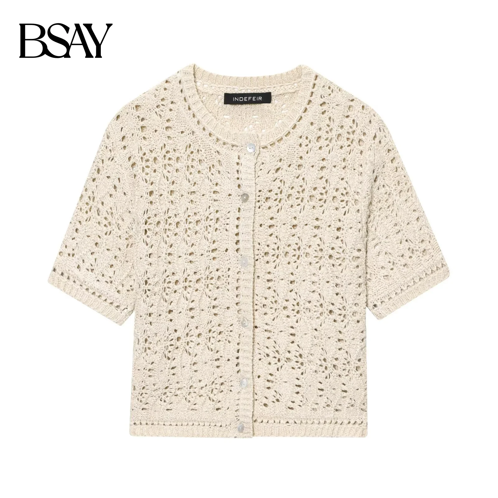 

BSAY Sweet Sweater Thin Cardigan Autumn New 2025 Women's Round Neck Short Sleeve hollow out Knitted Jacket chic Top