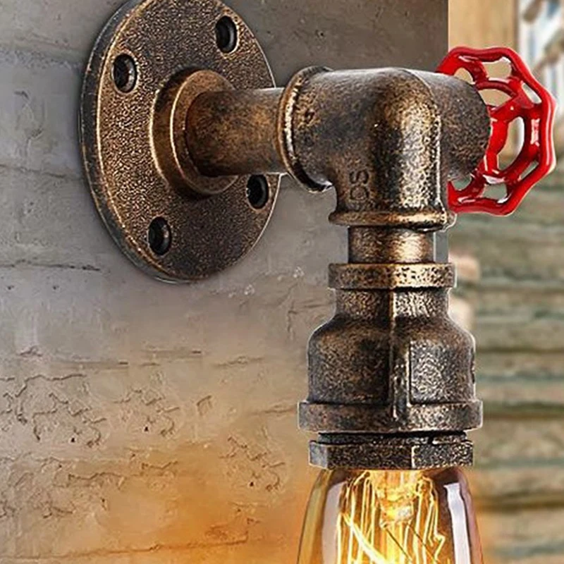 Vintage Water Pipe Wall Lamp Faucet Shape Steam Punk Loft Industrial Iron Rust Retro Home Bar Decors