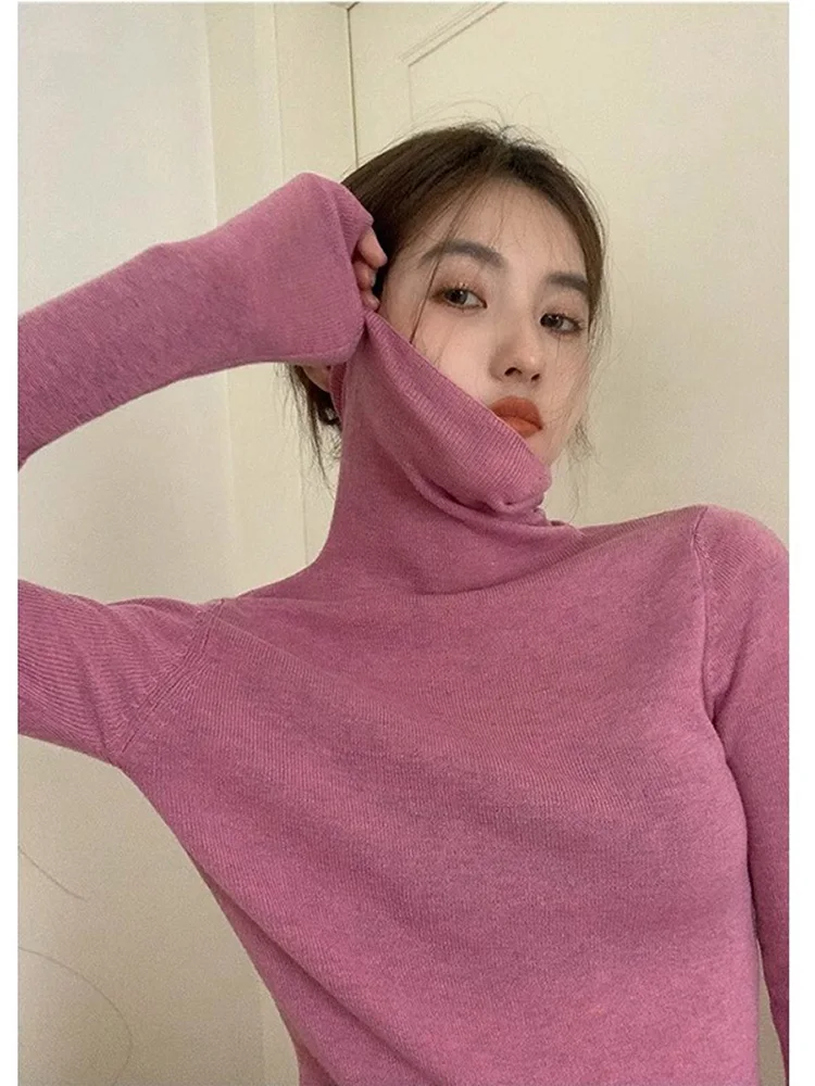 

Raspberries Pink Slim Fit High Collar Sweater Women's Base Shirt New Style Autumn Winter Inner Wear Layered Top