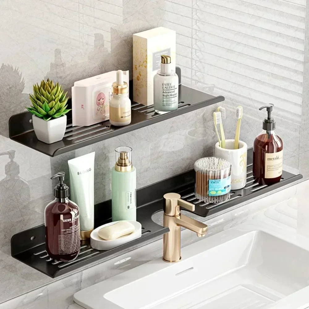 30-60cm Punch-Free Bathroom Accessories Wall-Mounted Faucet Cosmetic Storage Rack Mirror Front Shelves