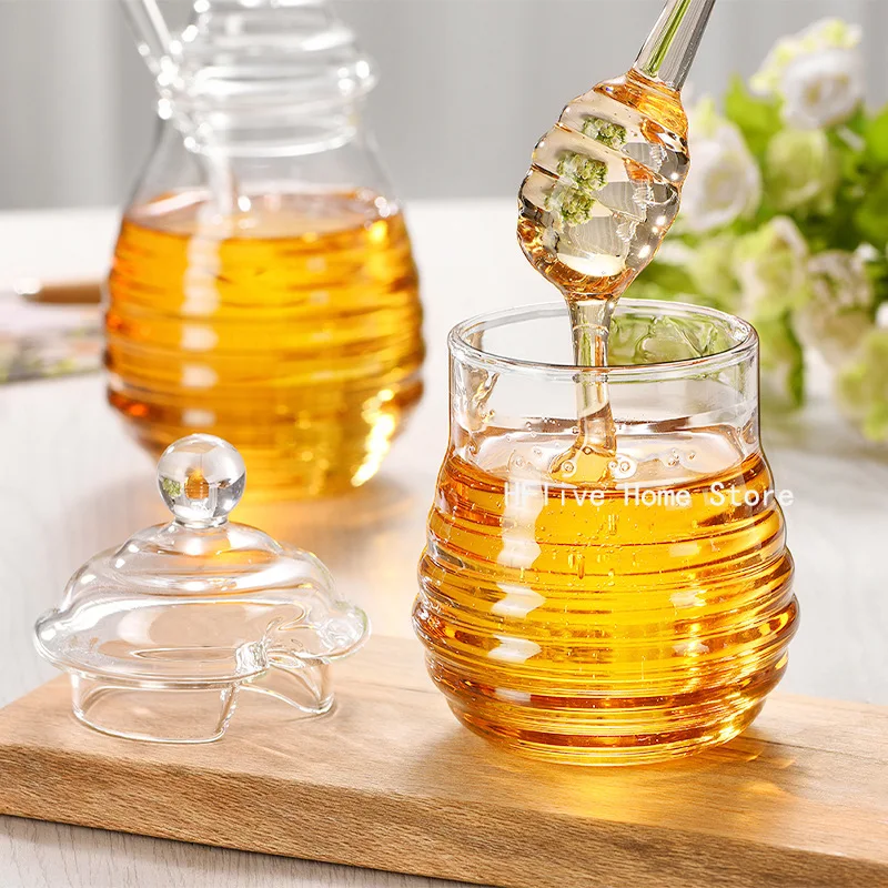 Glass Honey Jar Clear Glass Honey Pot with Dipper Spoon Small Kitchen Storage Bottle Jar Honey Server Container for Syrup