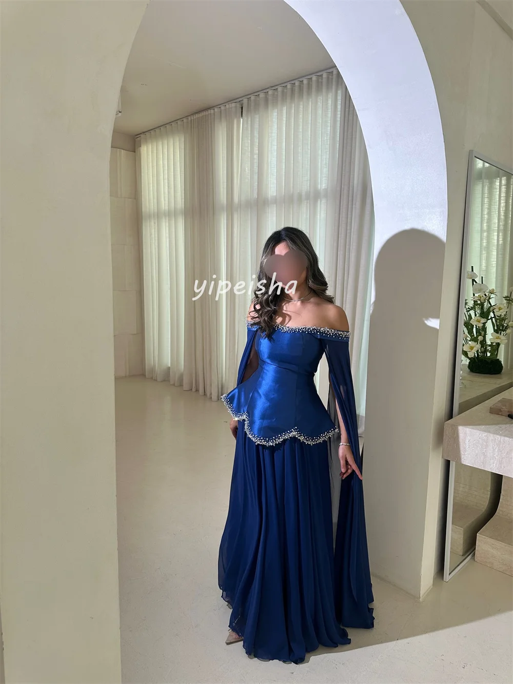 Exquisite Intricate Casual Chiffon Beading Rhinestone Sequined A-line Off-the-shoulder Long Dresses Bespoke Occasion Dresses