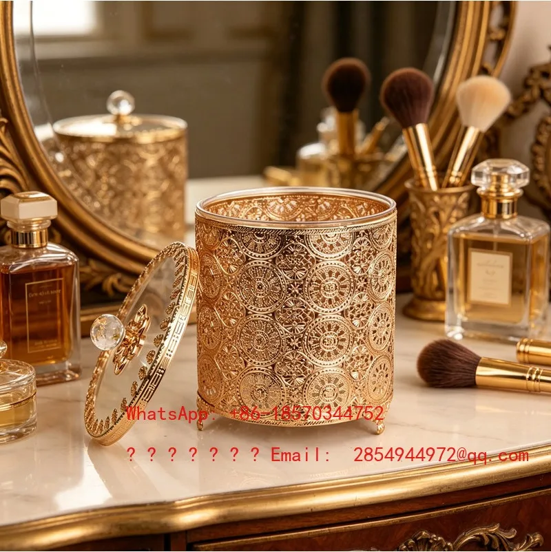 Metal Carved Storage Jar with Lid Desktop Jewelry Sundries Storage Bucket High-end Decor Ornament for Dressing Table