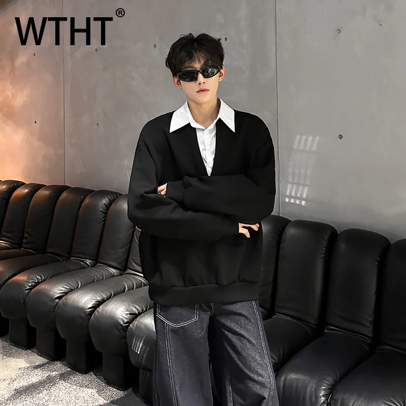 

Мужская модная футболка WTHT с контрастными вставками и эффектом двухслойности, трендовая, с отложным воротником, свободного кроя, лето 2026, модель 2A3003