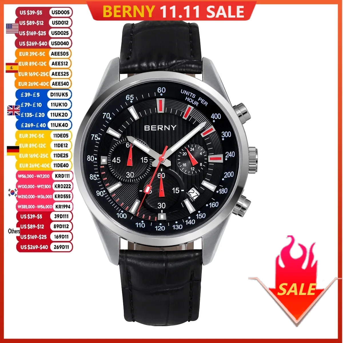 BERNY Quartz Watches for Men Multifunction Chronograph Man Sports Watch Calendar Date Luminous Fashion Cool Men's Wristwatch