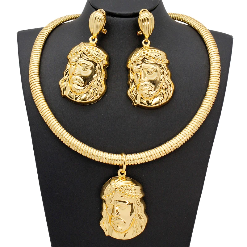 

Necklace Sets Vintage Jesus Avatar Pendant Earrings Personality Hip Hop Fashion Jewelry For Women 24K Gold Color Dubai Jewellery