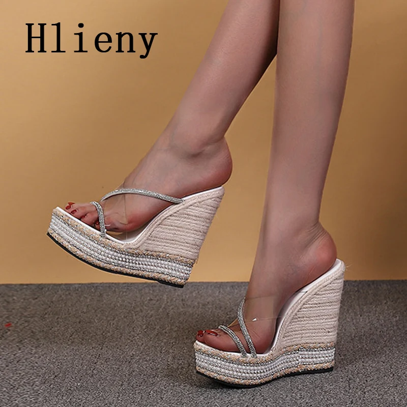 Hlieny Size 34-42 Sexy Straw Platform Party Slippers Wedges High Heels PVC Transparent Sandals Summer Crystal Women Shoes