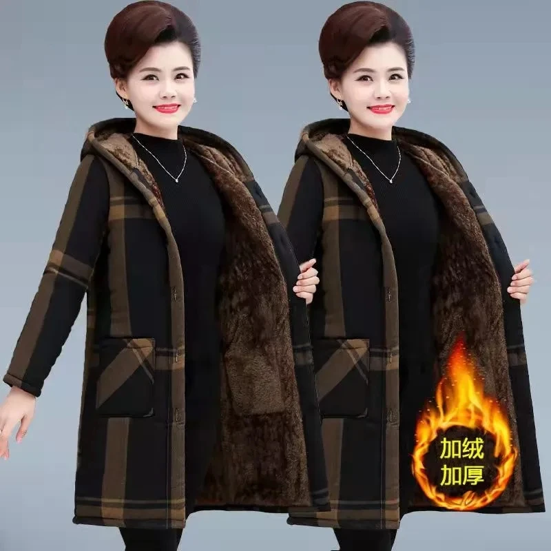 Middle-aged And Elderly Oomen's Fleece Cotton-padded Mother's Winter Long  Cotton-padded  Loose Large Size Warm Plaid Coat