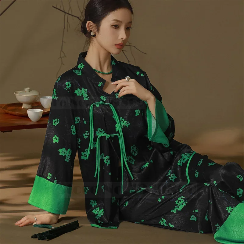 New Chinese Style Pajamas Set Exquisite Retro Jacquard Trouser Suits Pyjama Women Sleepwear Spring Summer Print Flower Home Wear