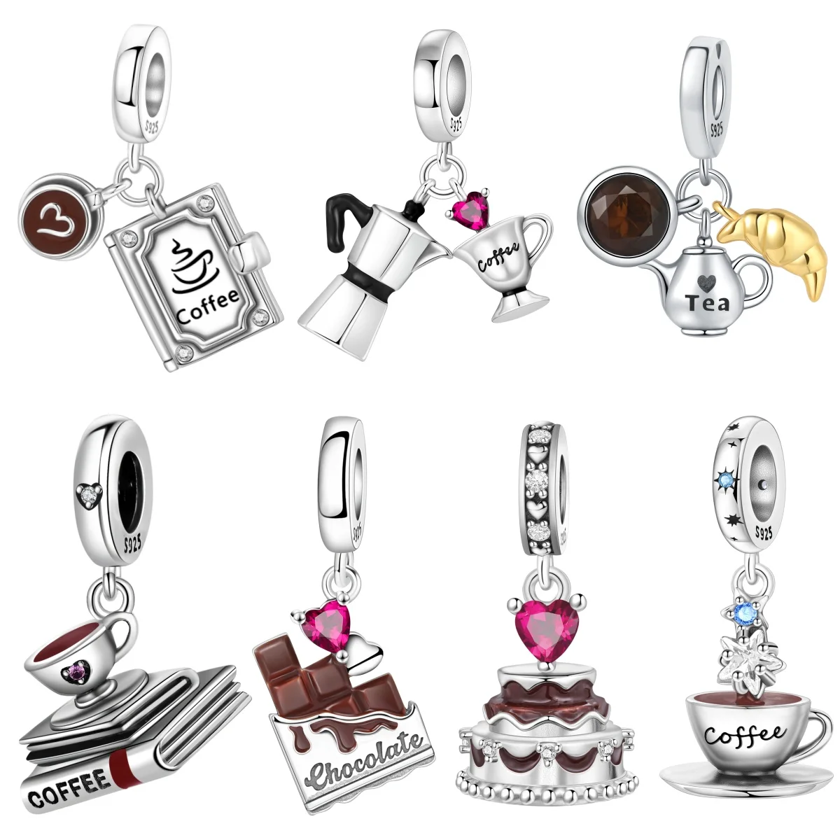 Pingente de Prata Esterlina S925 MISEFF com Charme de Amor, Café e Bolo de Chocolate, Compatível com Pulseira Original, Presente para Mulheres
