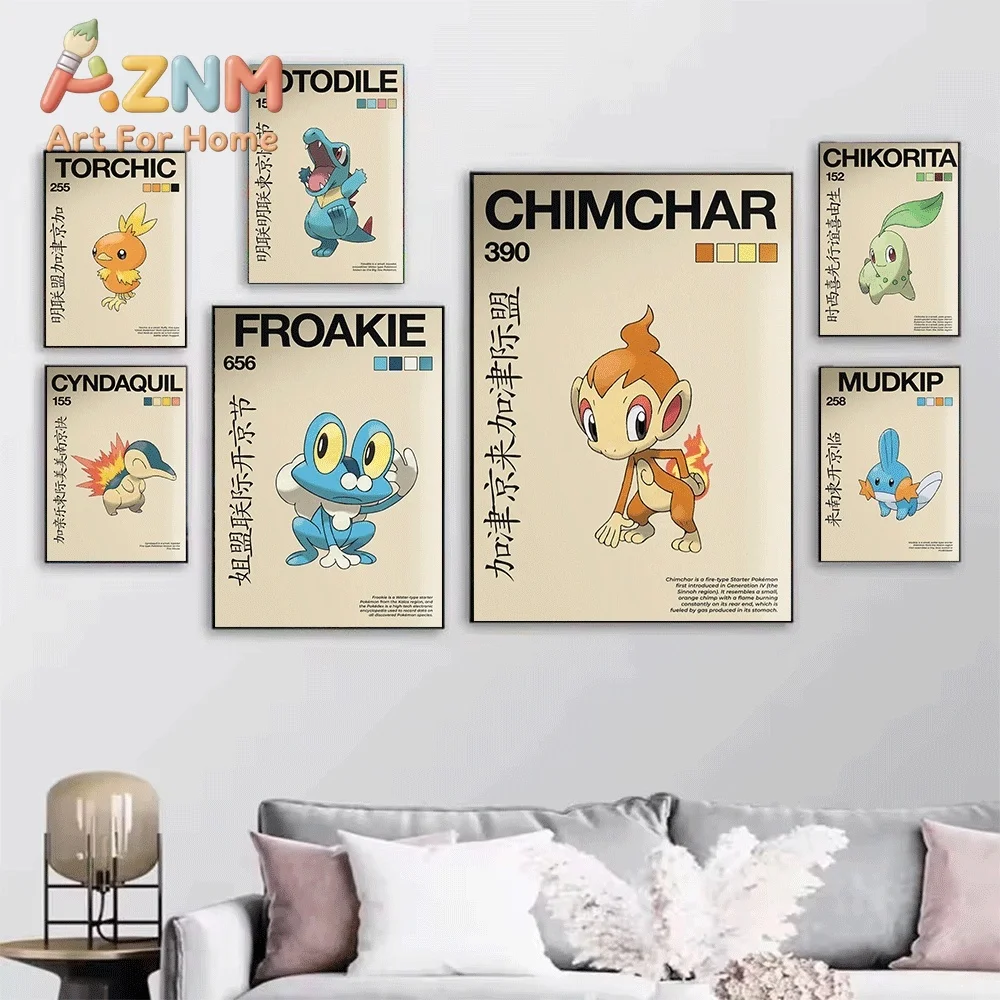 Vintage Oshawott Pokemon Color Swatch Info Canvas Wall Art No Frame Anime Character Print Poster for Kids Bedroom Living Room