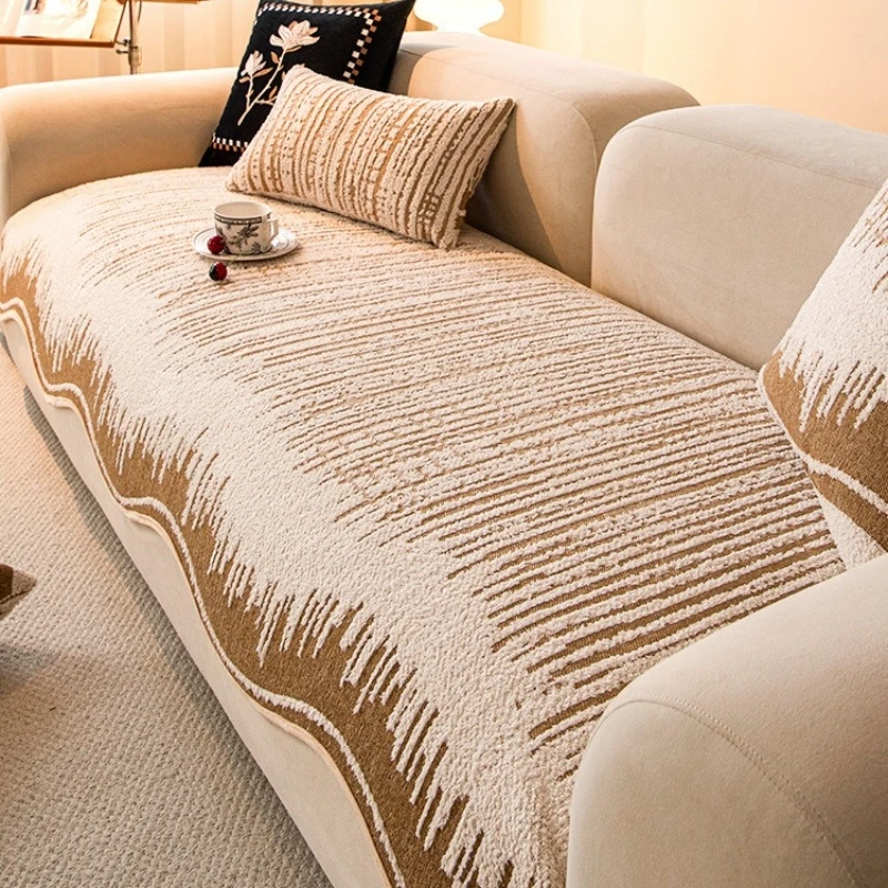 رقيق خطوط الجاكار الشنيل منحني هيم غطاء أريكة عدم الانزلاق ، لغرفة المعيشة جميع المواسم الأريكة غطاء مقعد أريكة منشفة ديكور #6