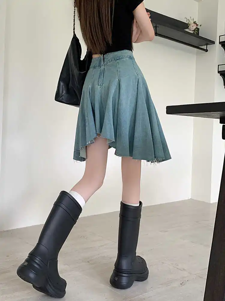 

2025 Autumn Winter Women American Retro Irregular Harajuku Kpop Midi Denim A-line Skirt Y2k Coquette Gyaru Cyber Punk Grunge