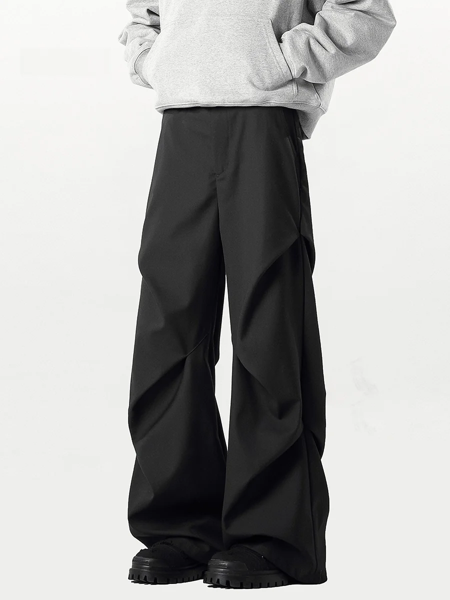 

Мужские повседневные брюки American Sle: плиссированные, слегка расклешенные, черные, с высокой талией, свободные, прямые, струящиеся, широкие, в стиле милитари