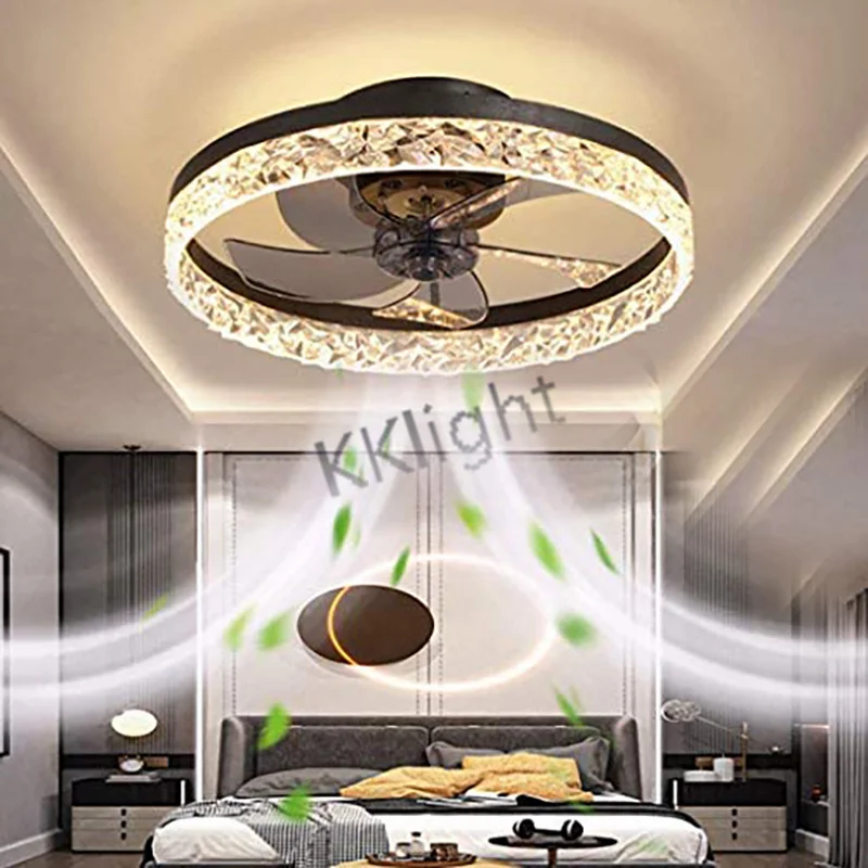 Modern Ceiling Fan Light With Remote Control Adjustable Wind Speed LED Dimming Crystal Decor for Home Dining Room Bedroom Lamp