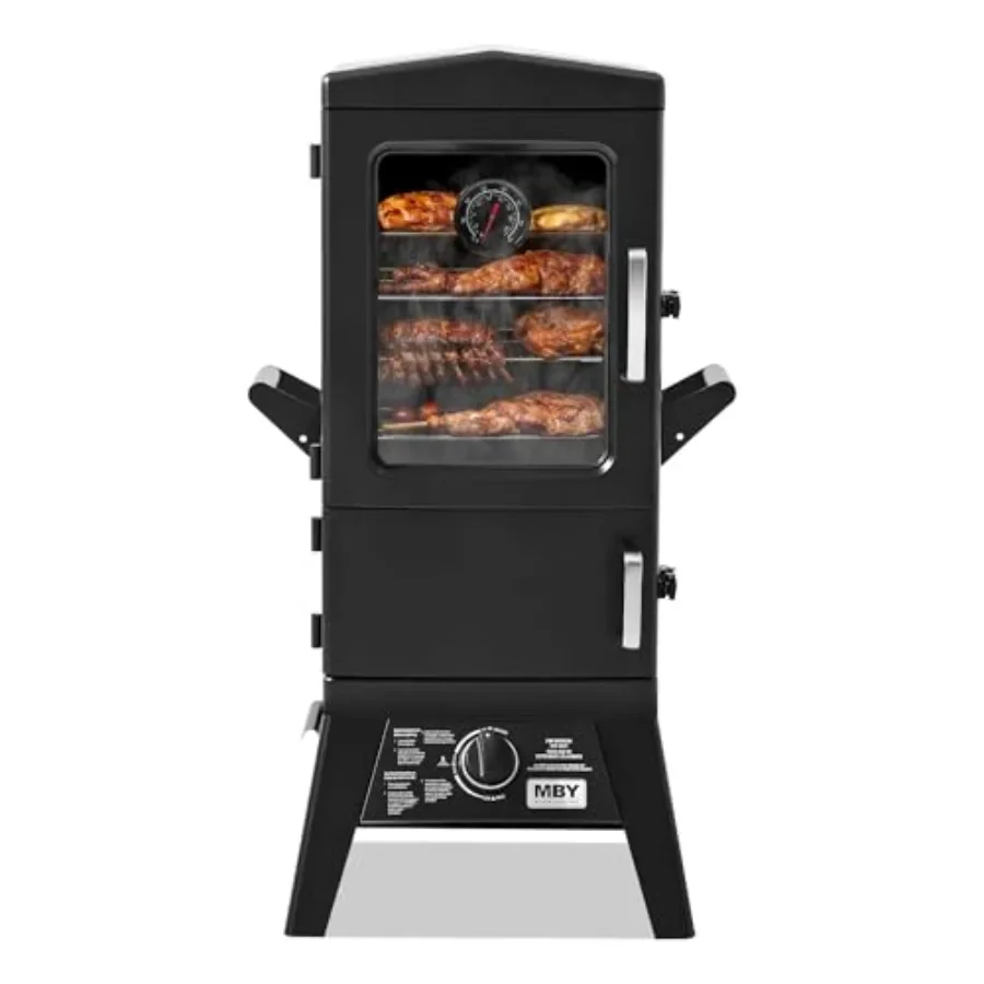 4-Rack Vertical Propane Smoker with Cover: outdoor cooking, stainless steel, black, precise temperature control