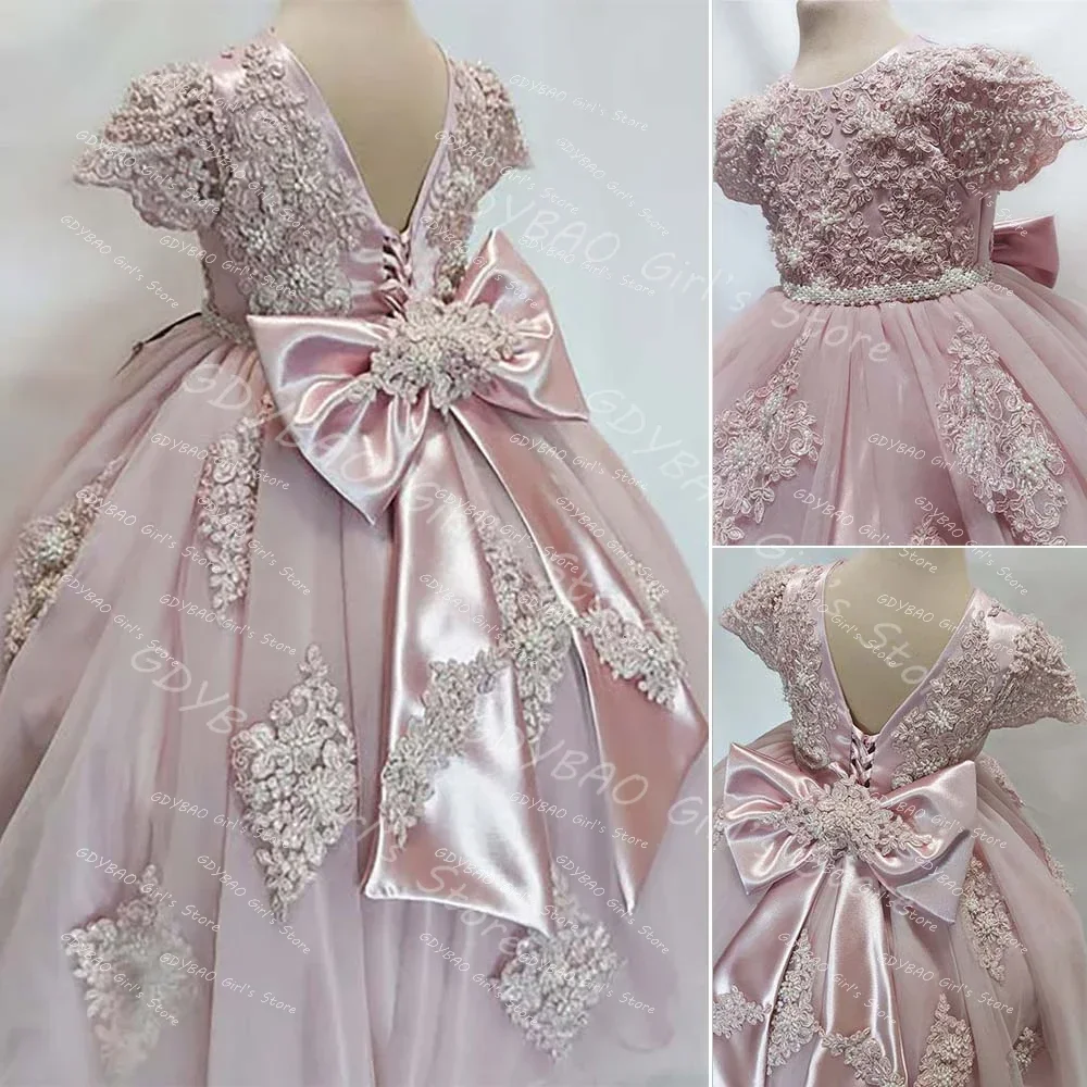 Customized Flower Girl Dress for Wedding Beaded Appliqued Tulle Princess Pageant Gown Backless Kids Birthday Dress with Bow/Sash