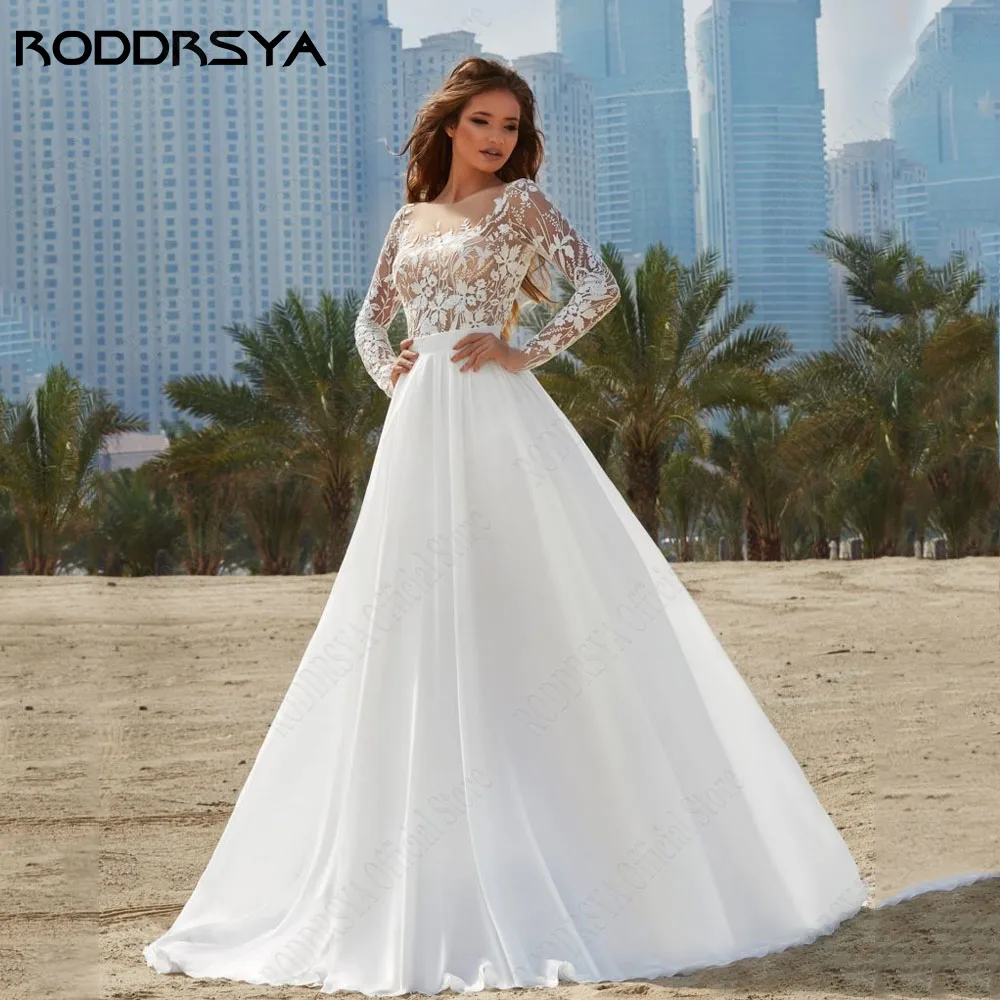 Vestido de novia de manga larga femenina de manga larga a con elegRODDRSYA-vestido De Novia elegante con espalda descubierta para mujer, vestido De Novia De corte en A, manga larga, cuello redondo, encaje, talla grande