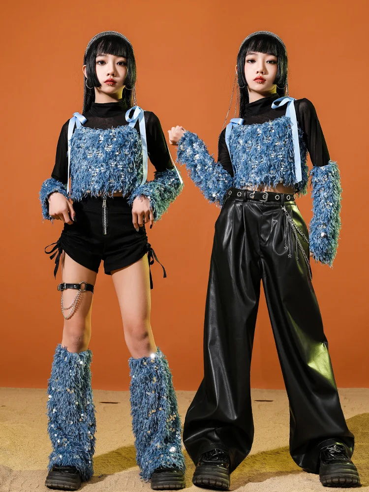 

2025 джазовый танцевальный синий жилет с блестками для девочек, модная подиумная одежда, танцевальный костюм болельщика в стиле хип-хоп, сценический костюм