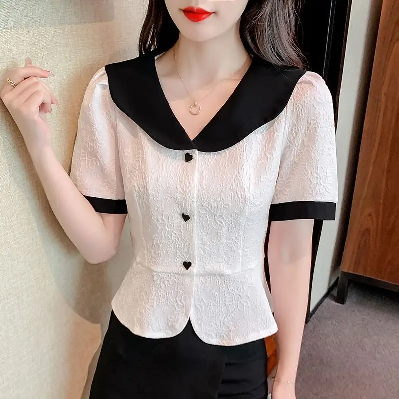 ฤดูร้อนใหม่สไตล์ฝรั่งเศสสีบล็อก Babydoll คอปกแขนสั้นเอวผูกเสื้อชีฟองสําหรับผู้หญิง