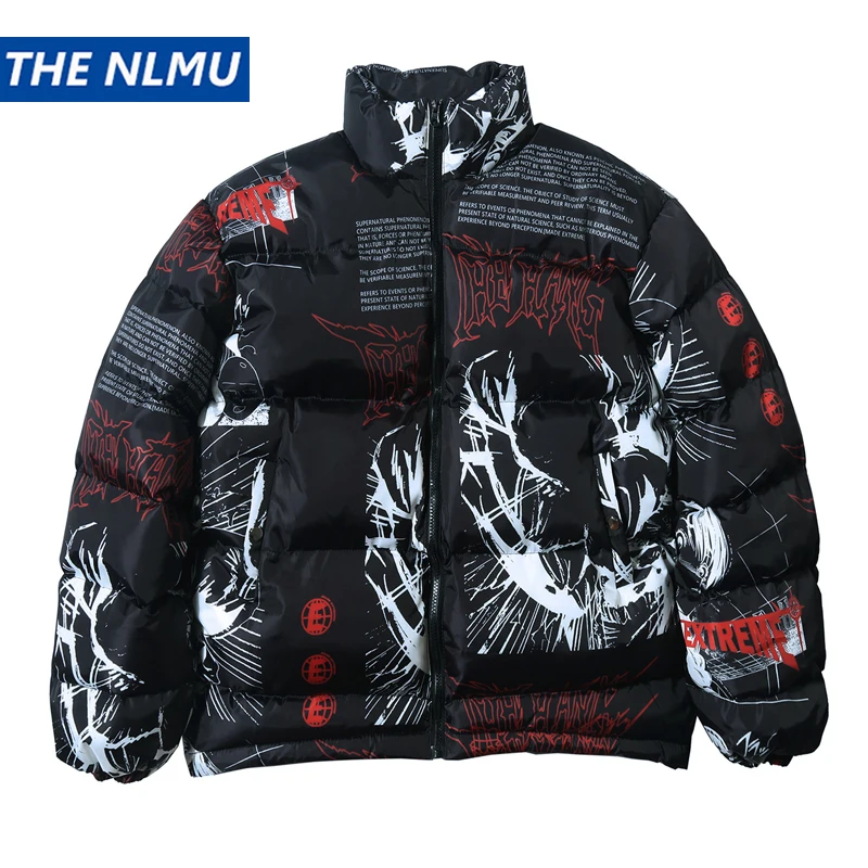 2025 Winter Cartoon Printed Parkas Jacket Thick Warm Hip Hop Streetwear Padded Coat Fashion Stand Collar Puffer Jacket Windproof