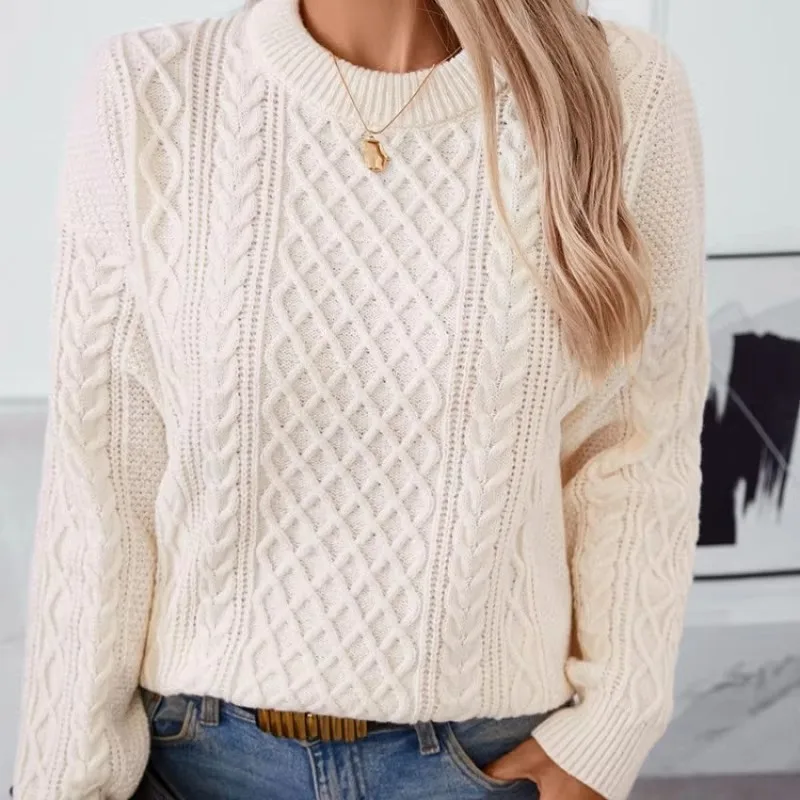 

Women's Sweater Winter Round Neck Twist Sweater Lazy Solid Color Loose Atmosphere Pullover Casual Long-sleeved Knitted Top