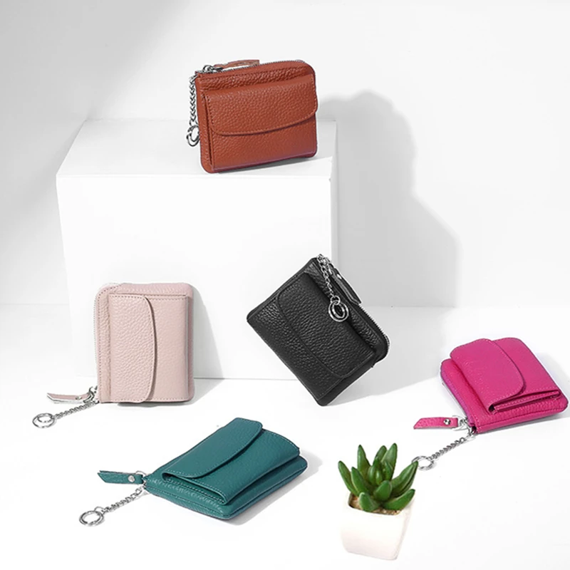 

Genuine Leather Short Wallet with Mini Key Chain Credit Card Holder Coin Purse Zipper Buckle Female Bag Coin Organizer Clutch