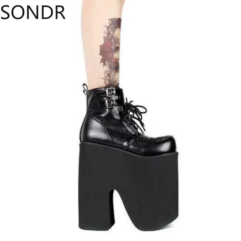 Women Lolita Punk Gothic Chunky 20cm High Heels Lace Up Ankle Boots Cosplay Shoes Creepers Japanese Harajuku Plus Size New 2024