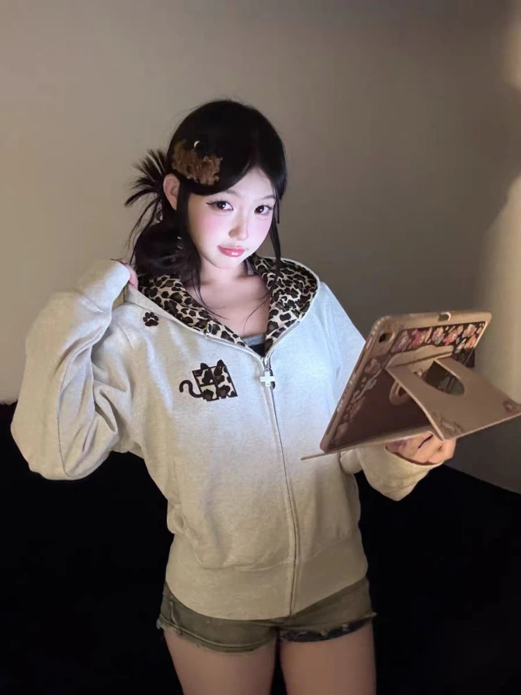Herfst Esthetische Vintage Hoodies Vrouw Lange Mouw Retro Fashion Hot Chick Luipaard Tops Vrouwelijke Chic Design Casual Losse Jas Nieuw